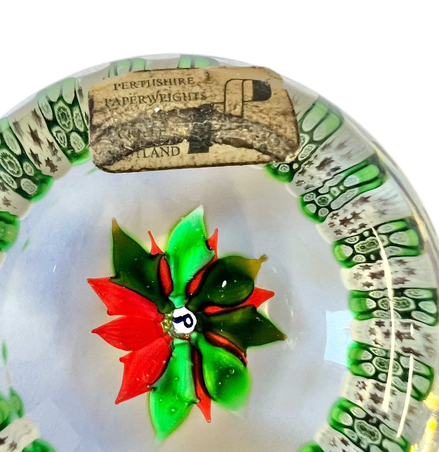Vintage 1976 Perthshire Christmas Poinsettia art glass paperweight