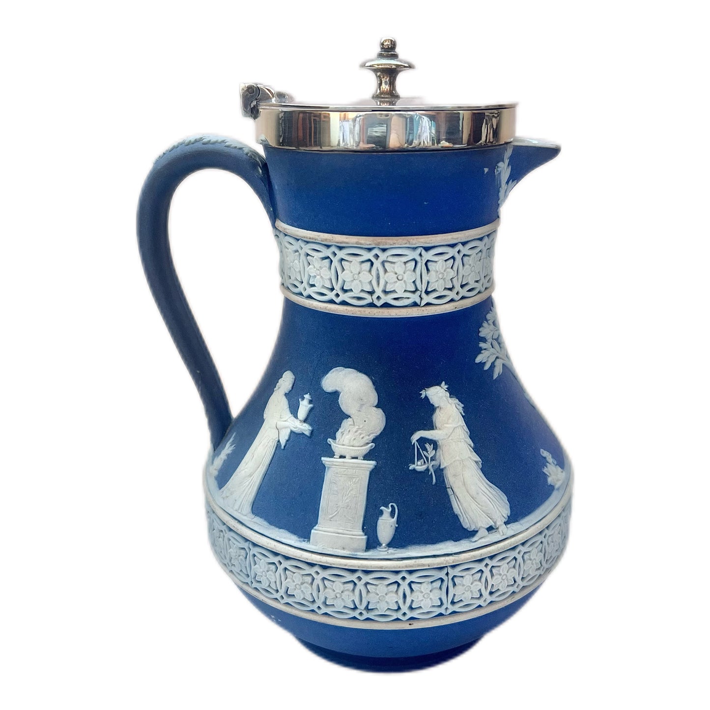 Antique lidded Wedgwood jasperware pitcher with silver plated mount