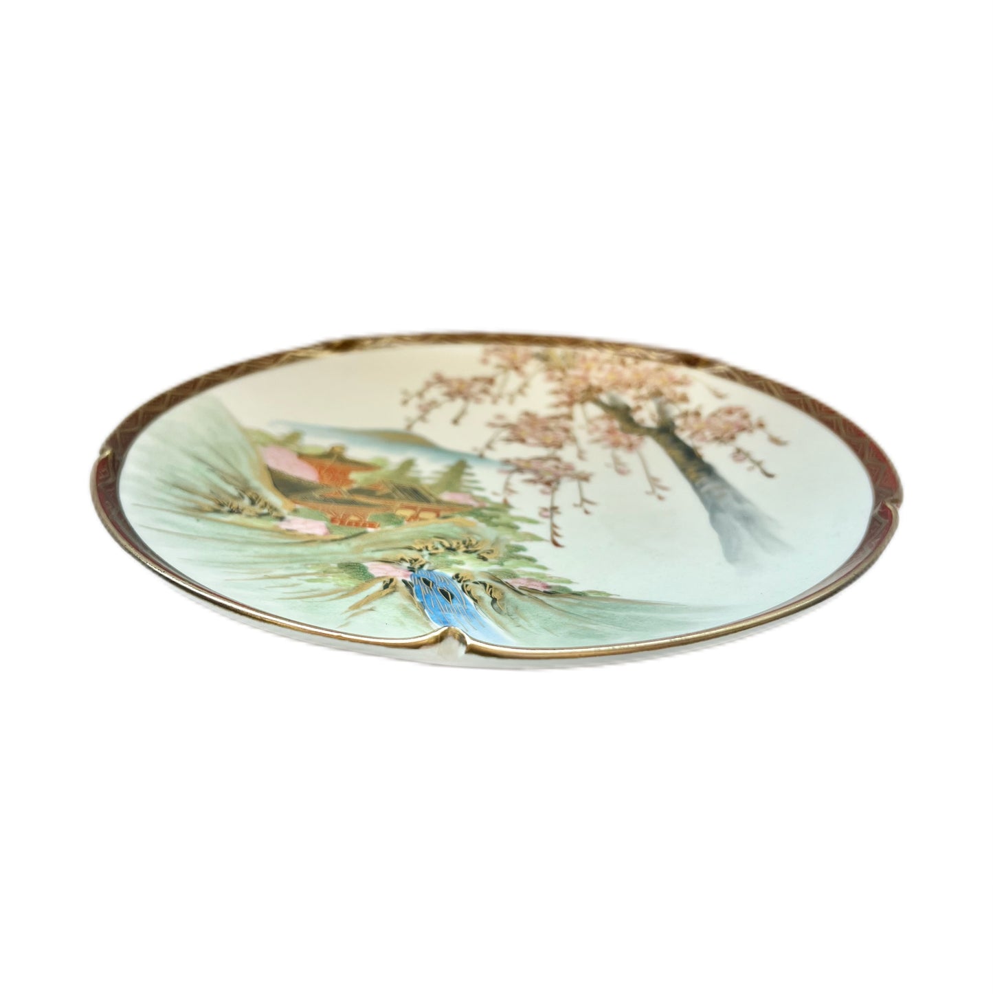 Vintage Japanese Satsuma plate handpainted with temple and cherry blossom motifs by Koshida
