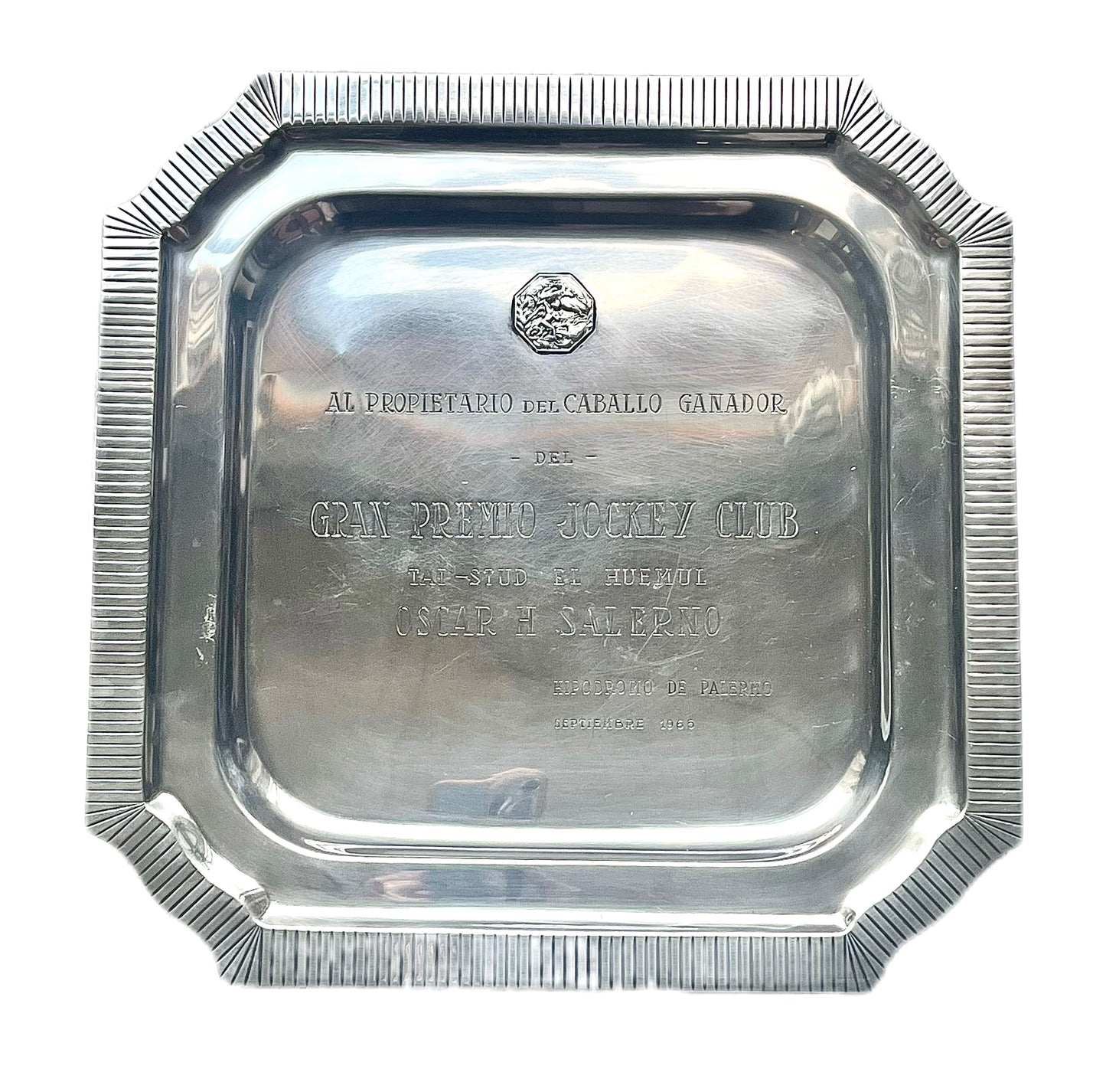 Large Vintage Midcentury Argentinian sterling silver silver horse racing trophy plate