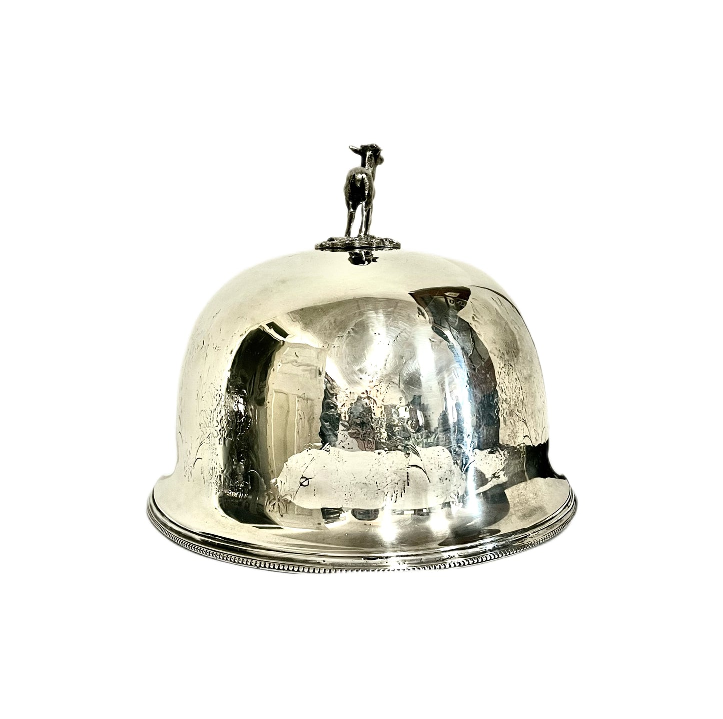 Antique High Victorian Sheffield Plate dinner cloche with deer finial