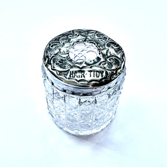 Antique sterling silver and crystal hair tidy, keeper or receiver circa London, 1907