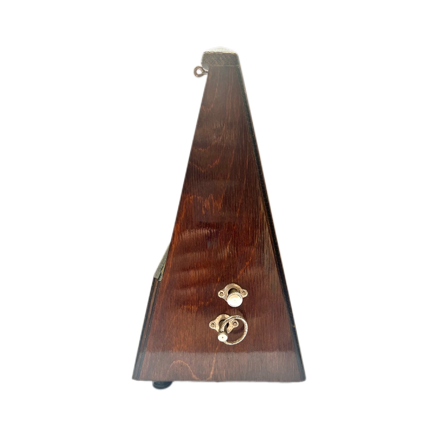 Metrónomo mecánico de principios del siglo XX con campana y sistema de sonido Maelzel y chapa de nogal.