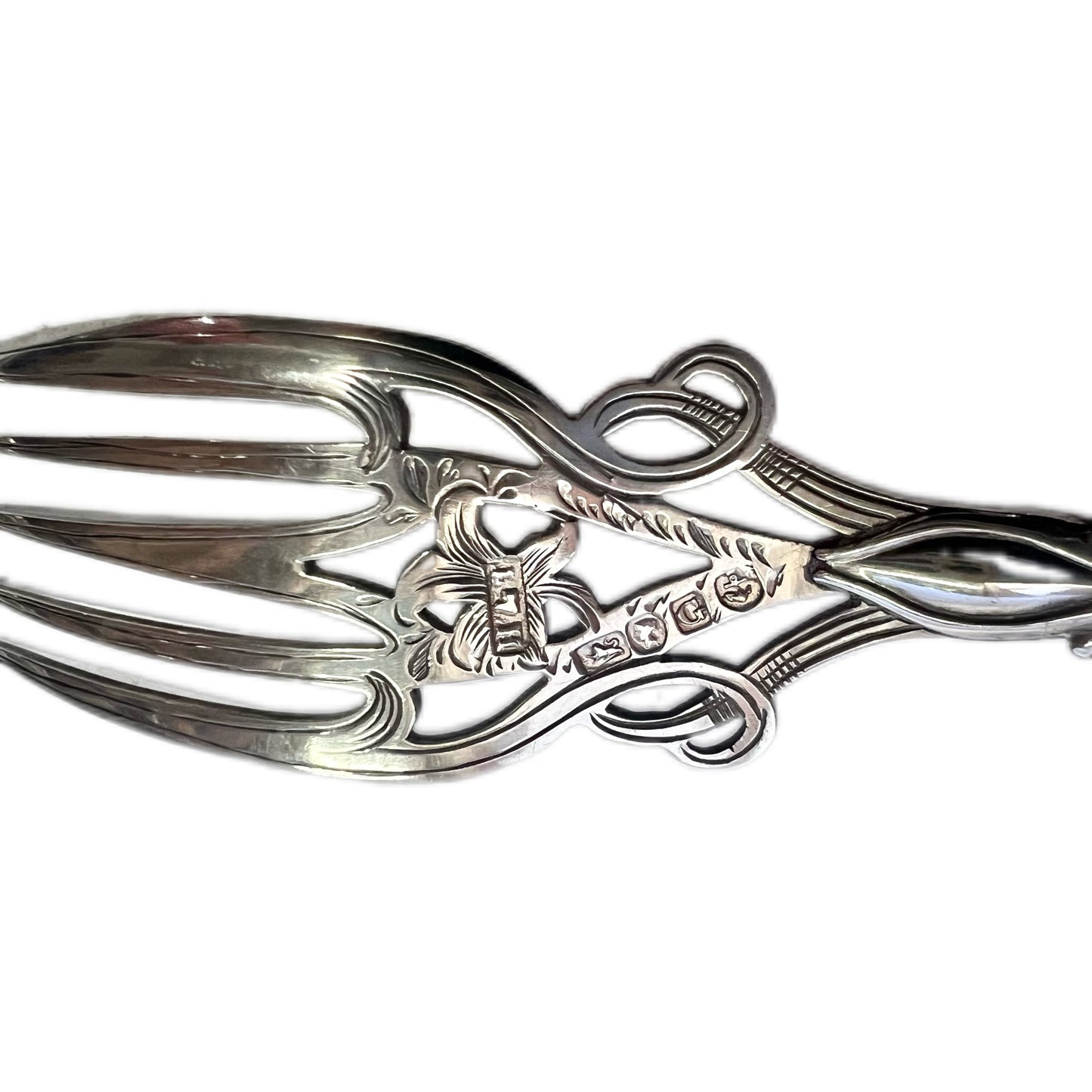 High Victorian sterling silver and mother of pearl pickle fork