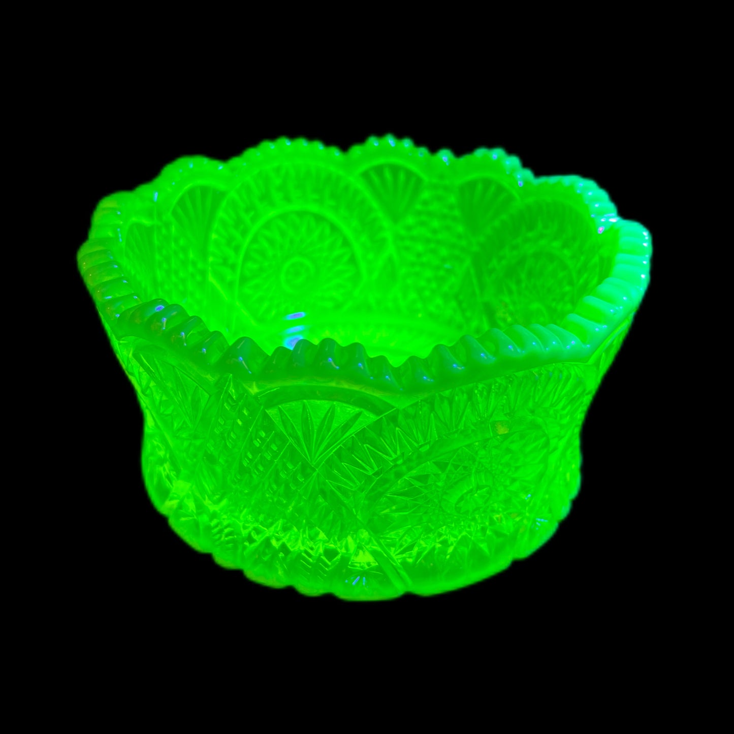 Vintage uranium glass bowl in Diamond Classic pattern by Mosser Glass