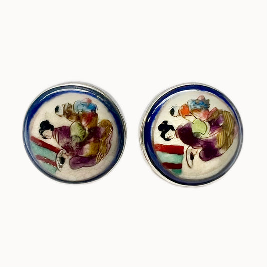 Vintage Japanese Satsuma porcelain and sterling silver screw back earrings