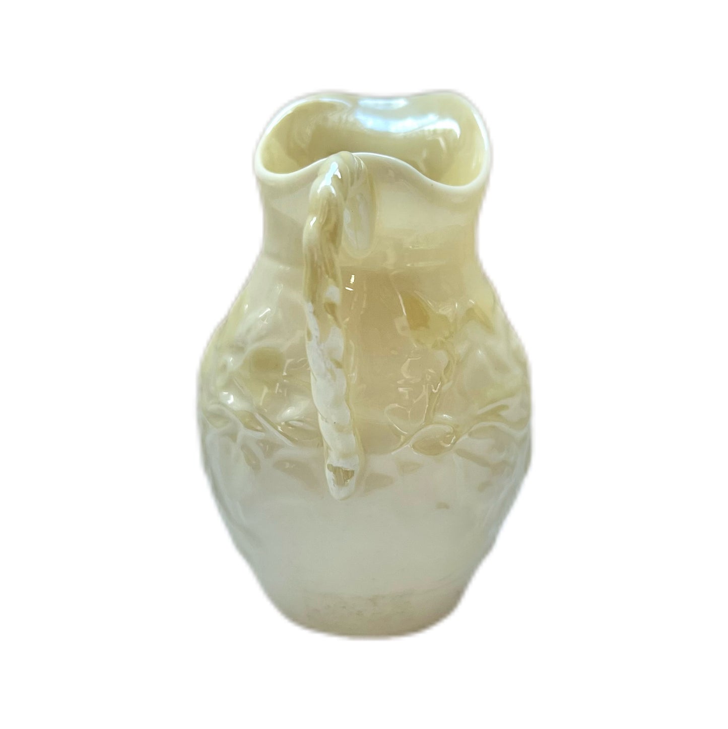 Vintage Belleek Ivy and Berry creamer jug with rope twist handle, 5th mark circa 1955-1965.