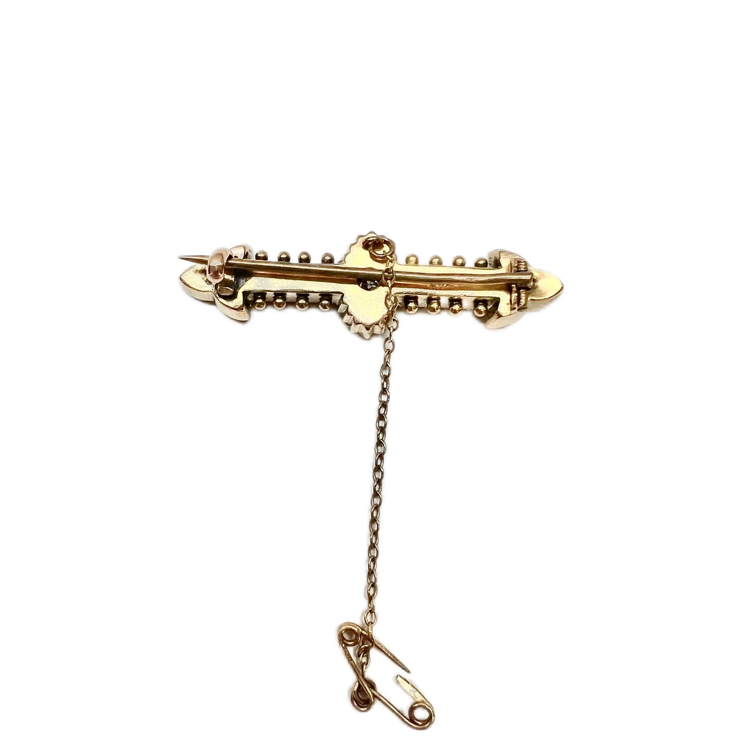 Antique mid to late Victorian Etruscan Revival 15ct gold and diamond bar brooch