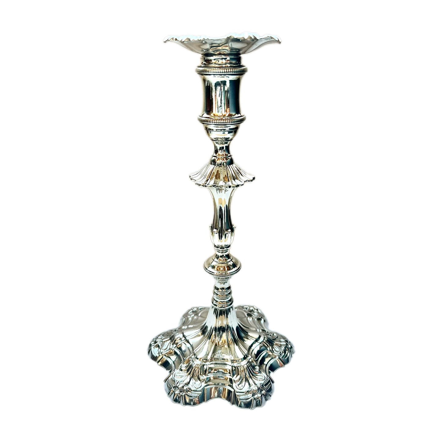 Pair of crested George III sterling silver cast candlesticks by William Cafe, London 1761 and 1762
