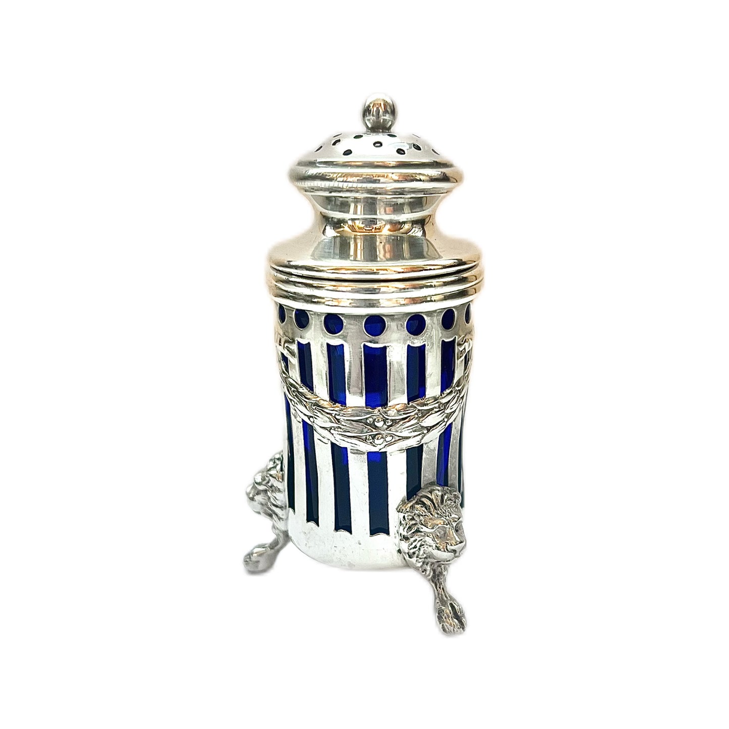 Antique American sterling silver pepperette with cobalt glass liner, with marks for Graff Washbourne and Dunn