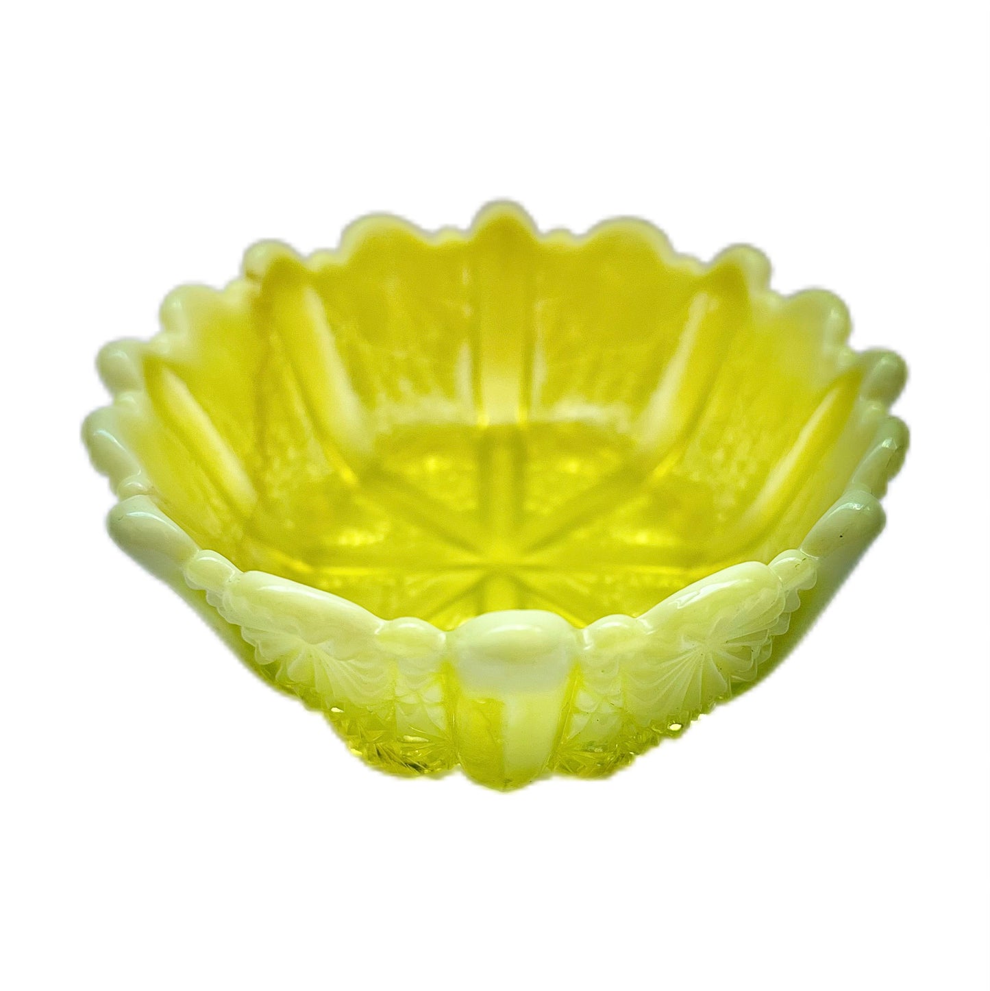Absolutely stunning late Victorian uranium yellow vaseline glass dish circa 1890s to 1900s