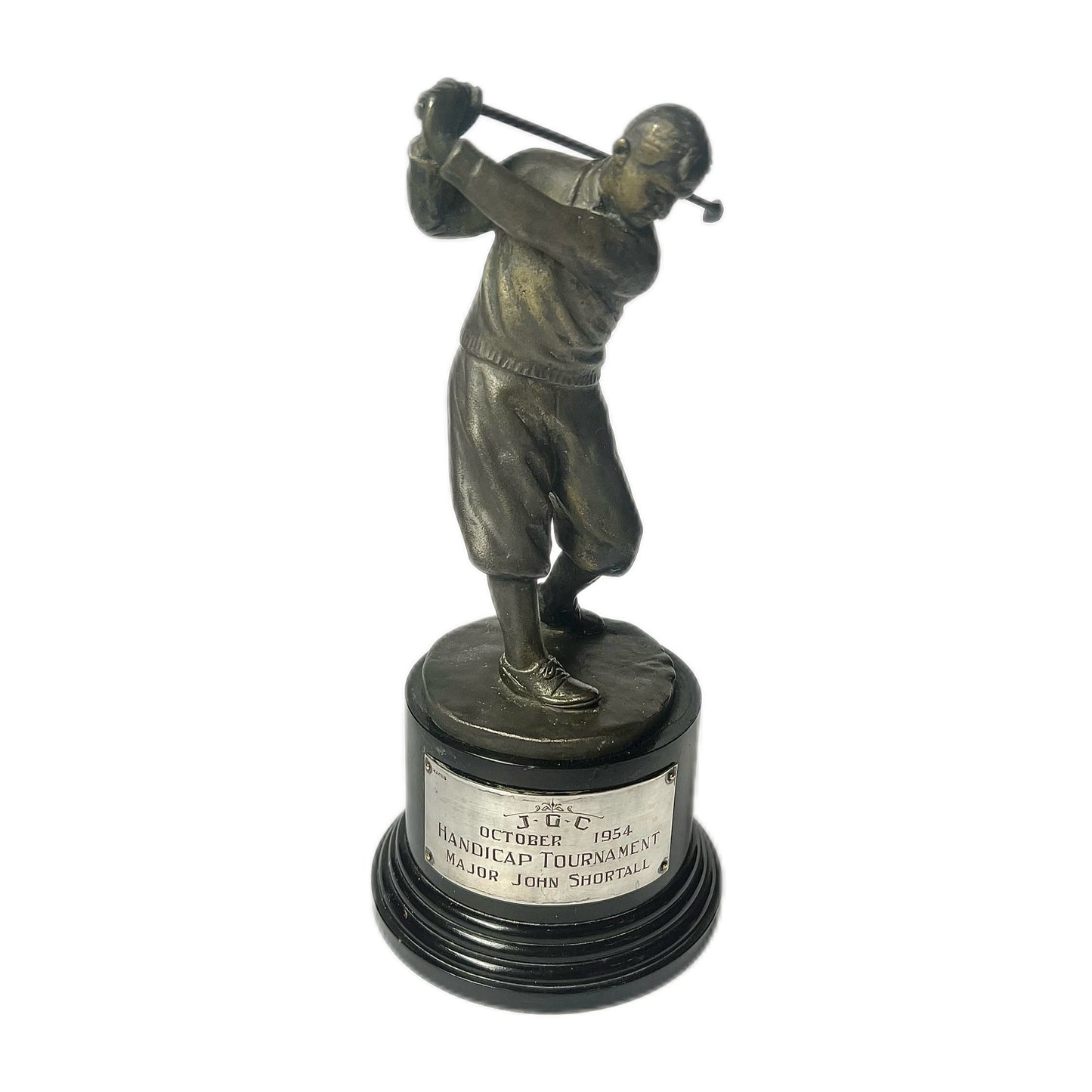 Midcentury bronze golfing trophy on timber base with sterling plaque by Miyamoto Shoko