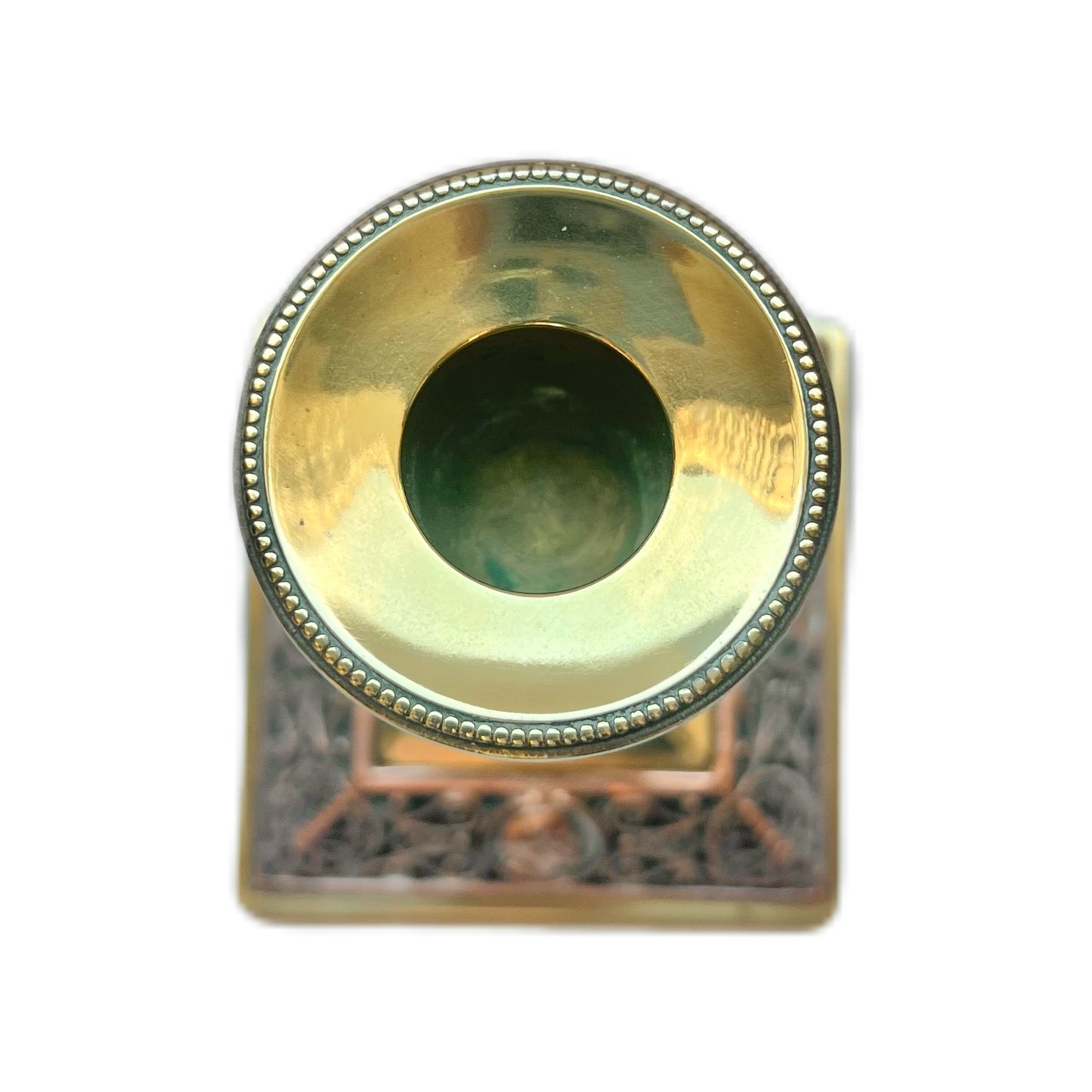 19th century brass candlestick with copper filigree work and portrait medallions