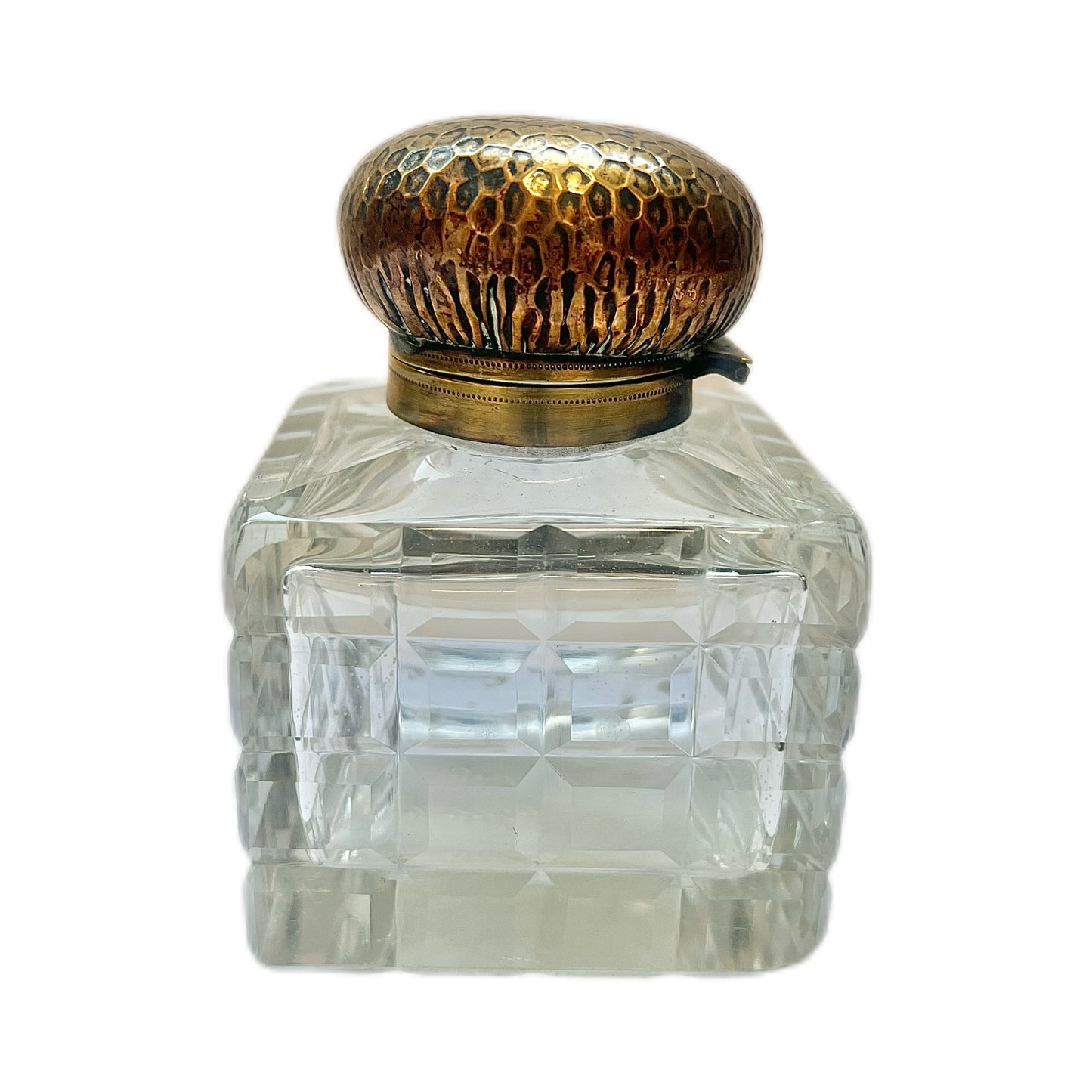 Antique Arts & Crafts planished brass and cut glass inkwell, circa 1900