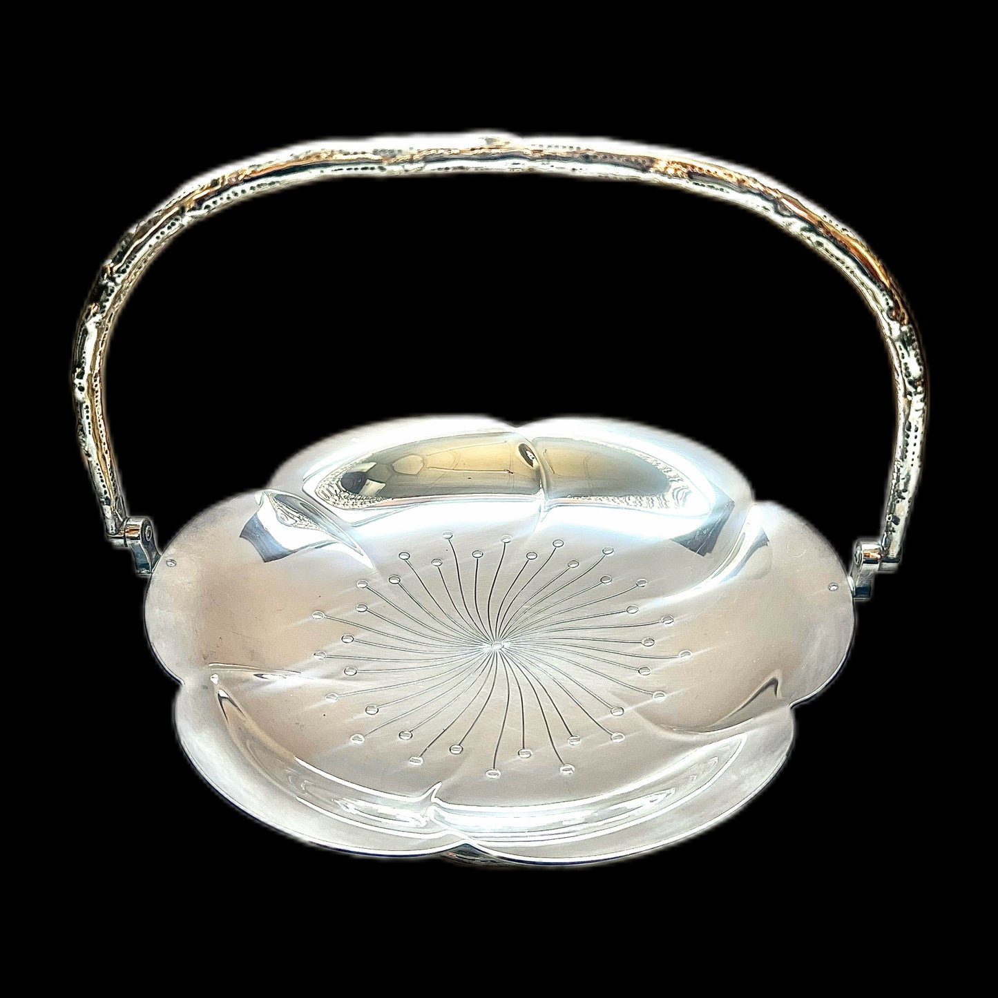 Antique Japanese export silver cherry blossom figural basket with faux bois handle