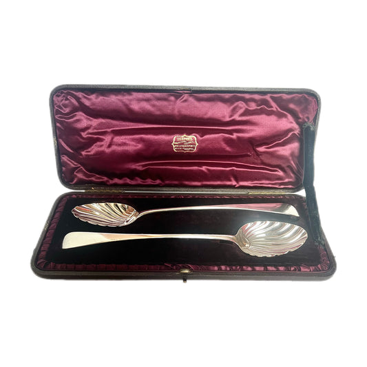 Pair of George III serving spoons with later 19th century presentation box