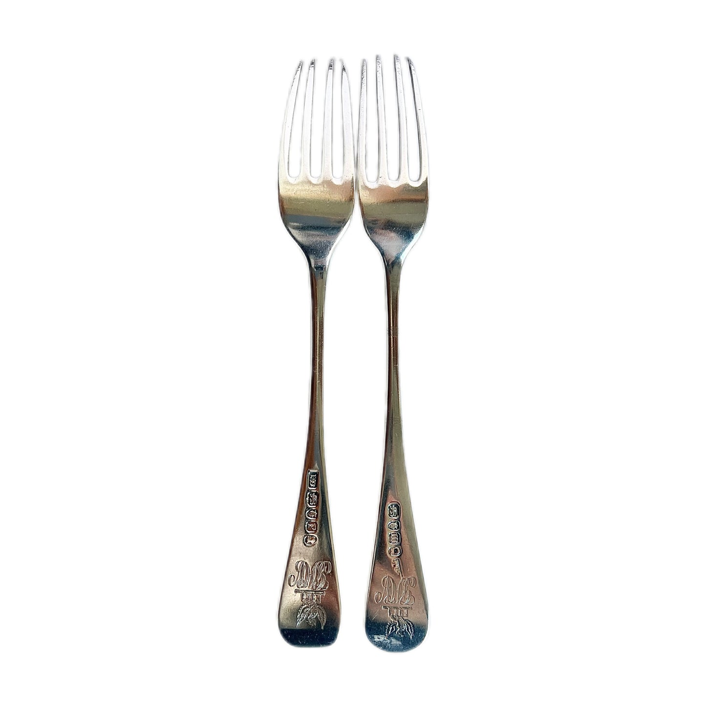 Pair of antique George III Hanoverian pattern crested sterling silver tableforks