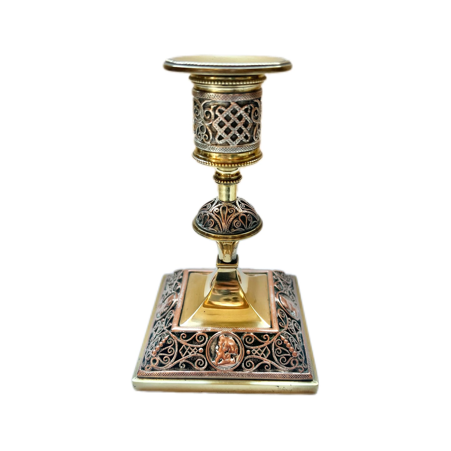 19th century brass candlestick with copper filigree work and portrait medallions