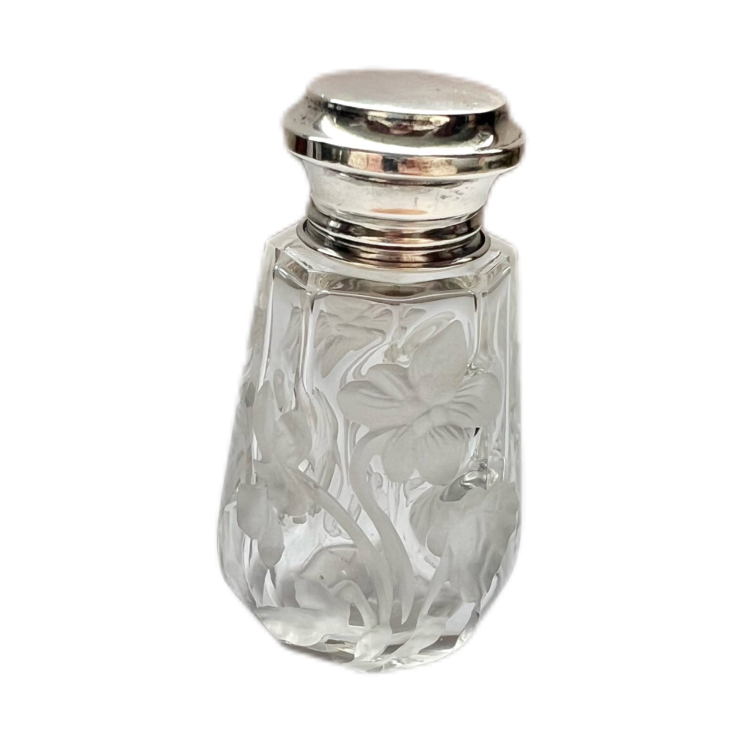 Antique English buttercup intaglio cut glass and sterling silver perfume bottle
