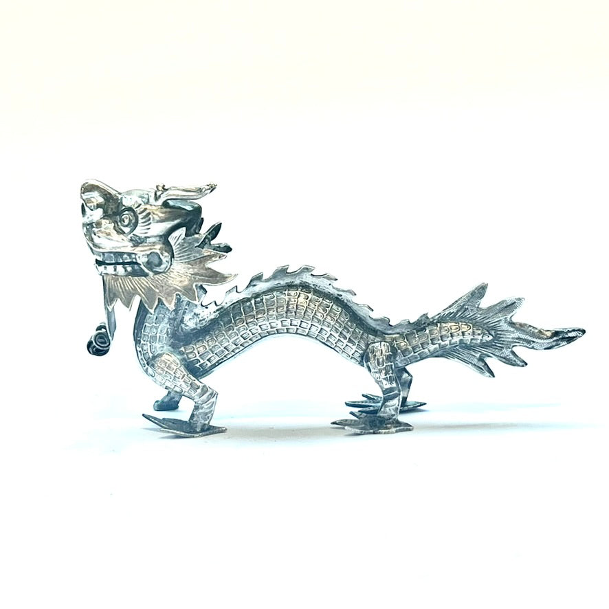 Antique Chinese export silver dragon figural placecard holder circa mid to late 19th century