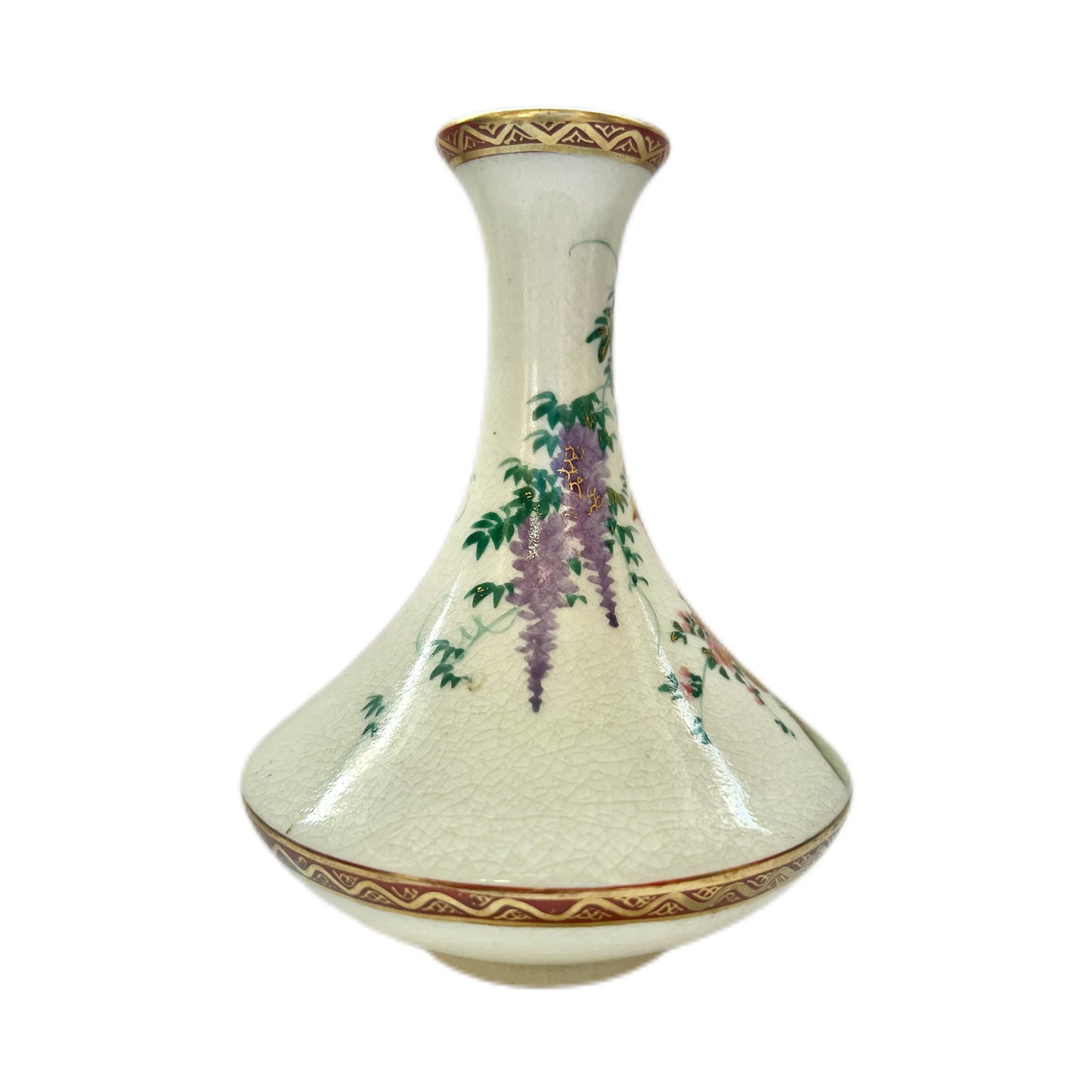 Vintage Japanese Satsuma vase handpainted with pheasant and wisteria motifs by Soko China of Kobe