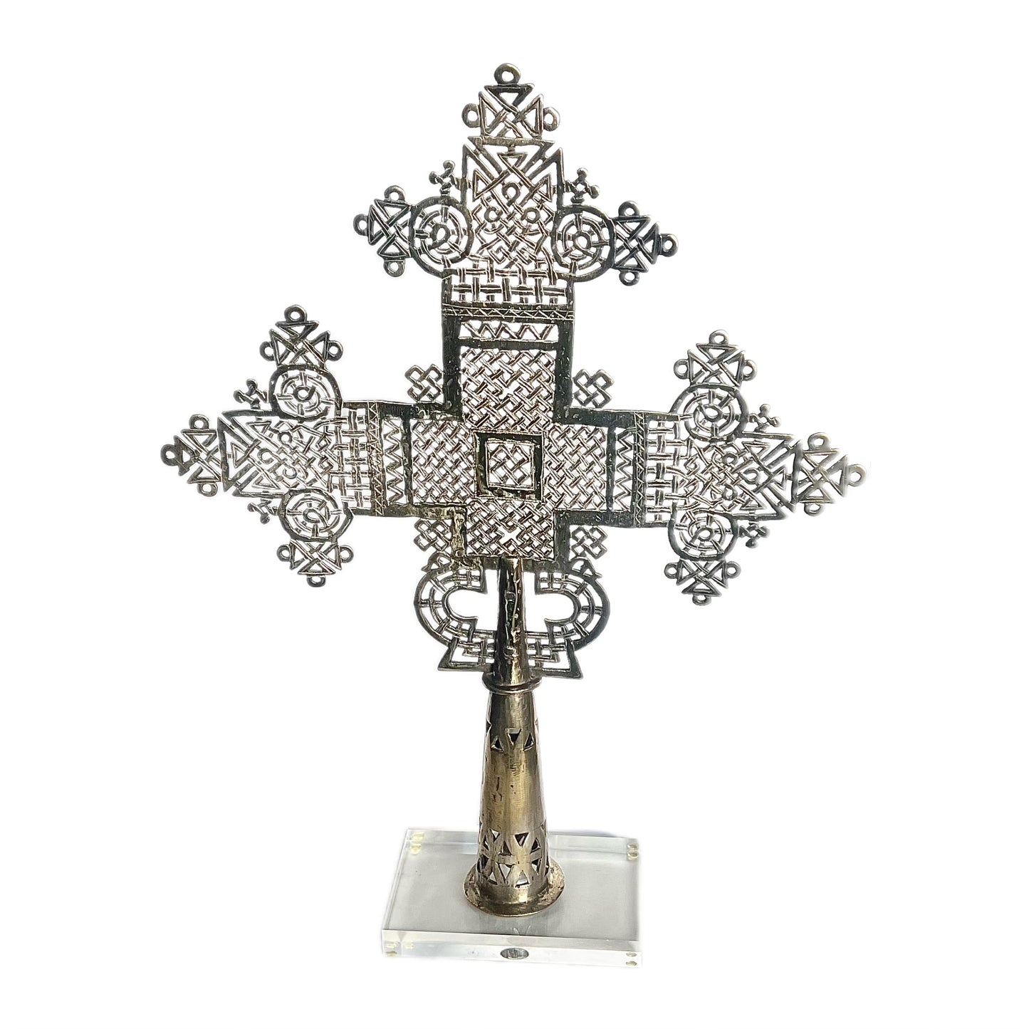 Large vintage possibly antique Ethiopian Coptic Cross with custom stand