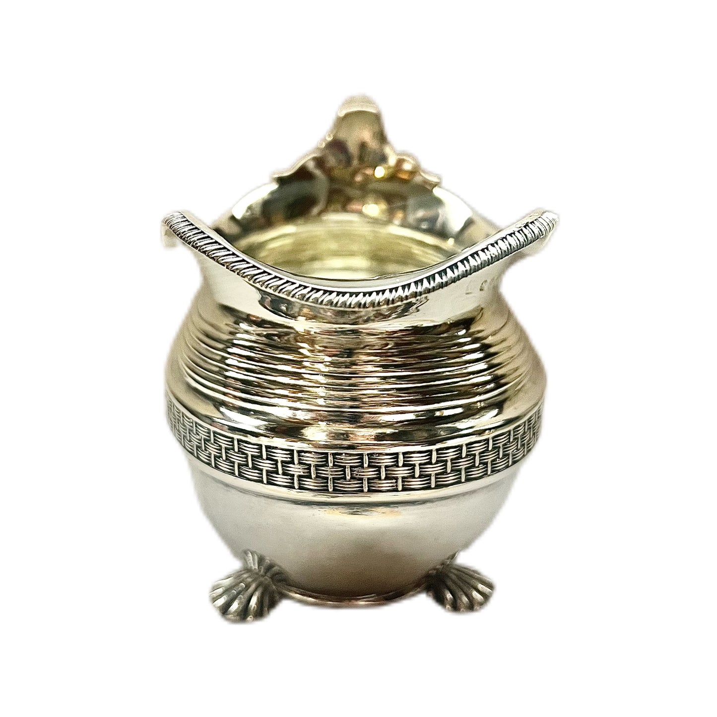 Crested George III sterling silver creamer jug and sugar bowl set