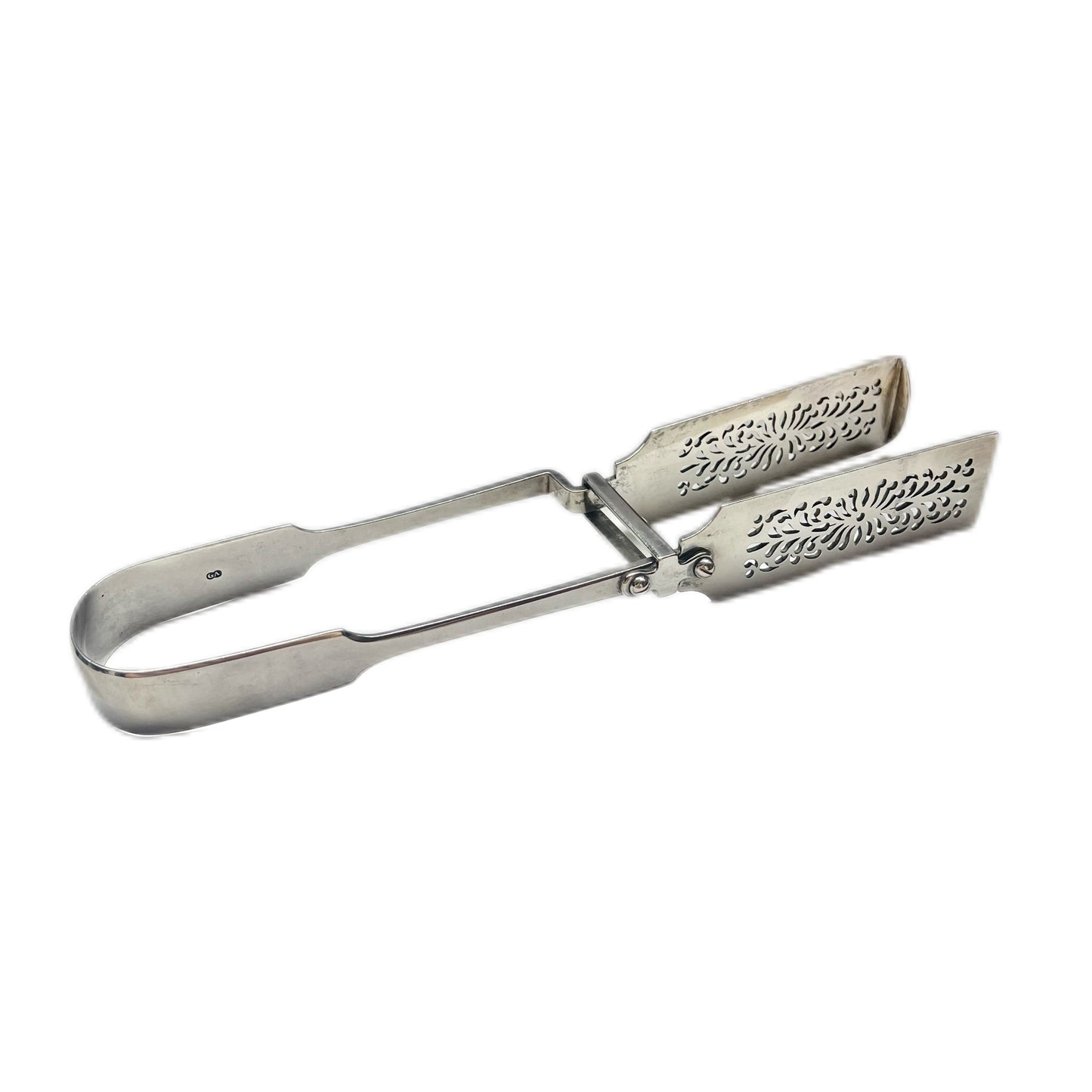 Antique high Victorian sterling silver tongs with pierced pattern and marks for Chawner & Co., London, 1855