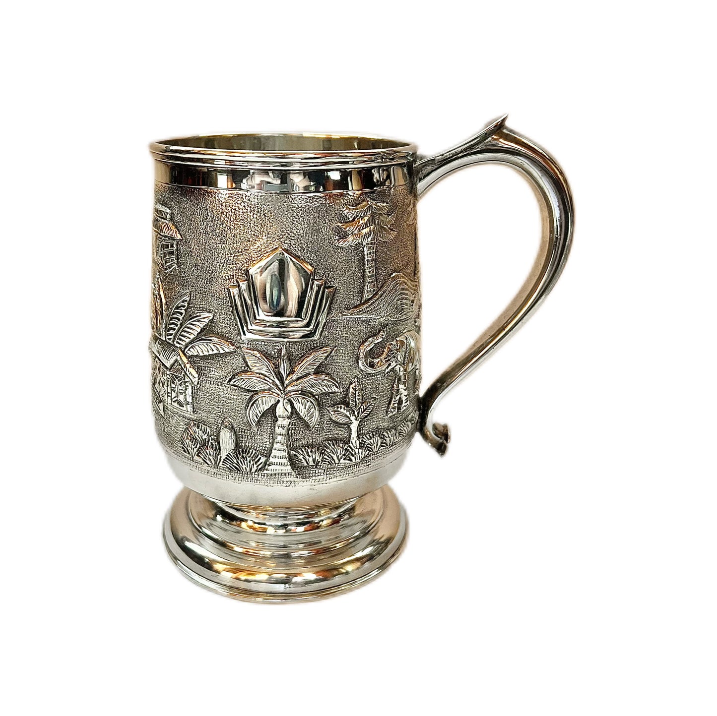 6 substantial 1920s to 1930s British Raj Anglo-Indian sterling silver tankards