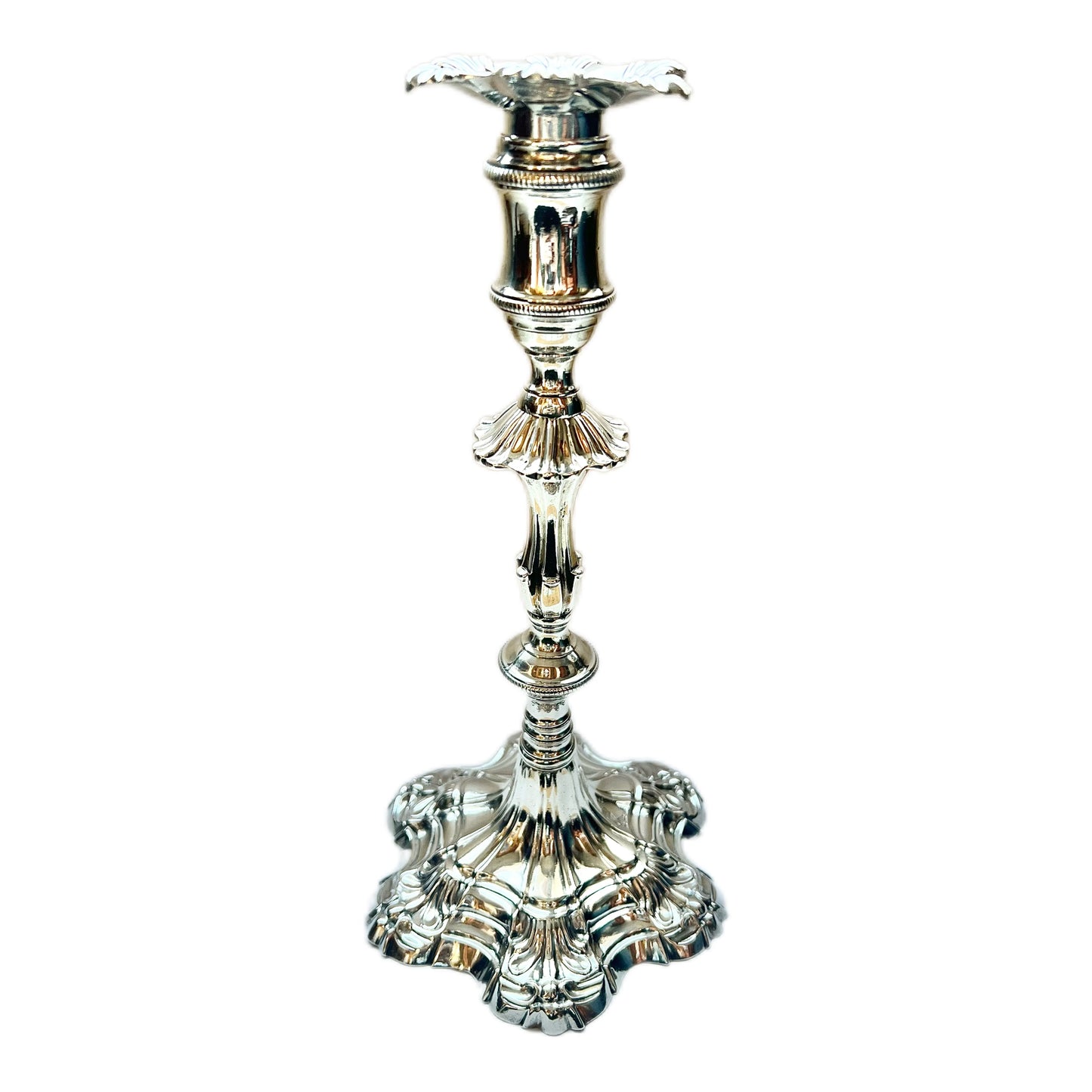 Pair of crested George III sterling silver cast candlesticks by William Cafe, London 1761 and 1762