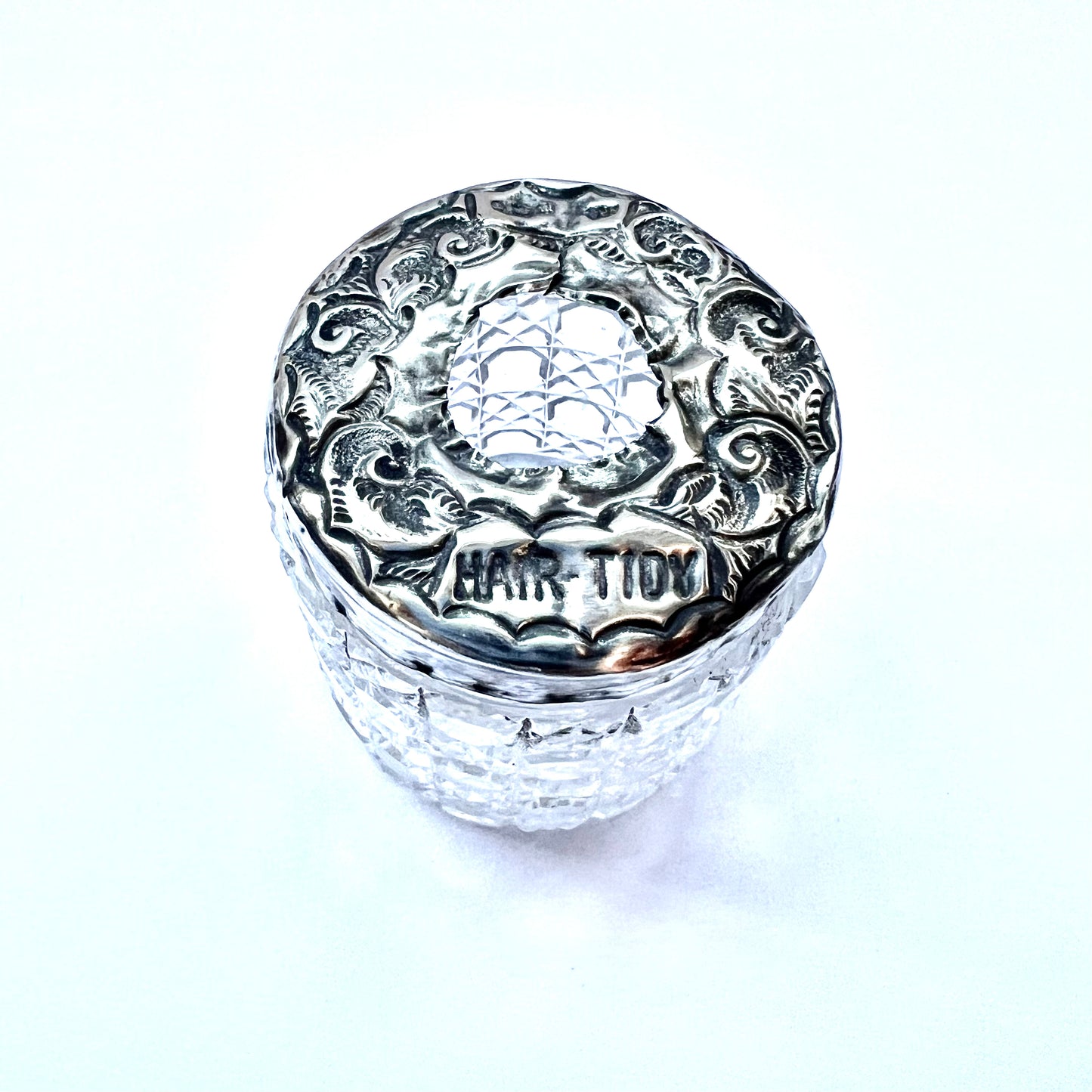 Antique sterling silver and crystal hair tidy, keeper or receiver circa London, 1907