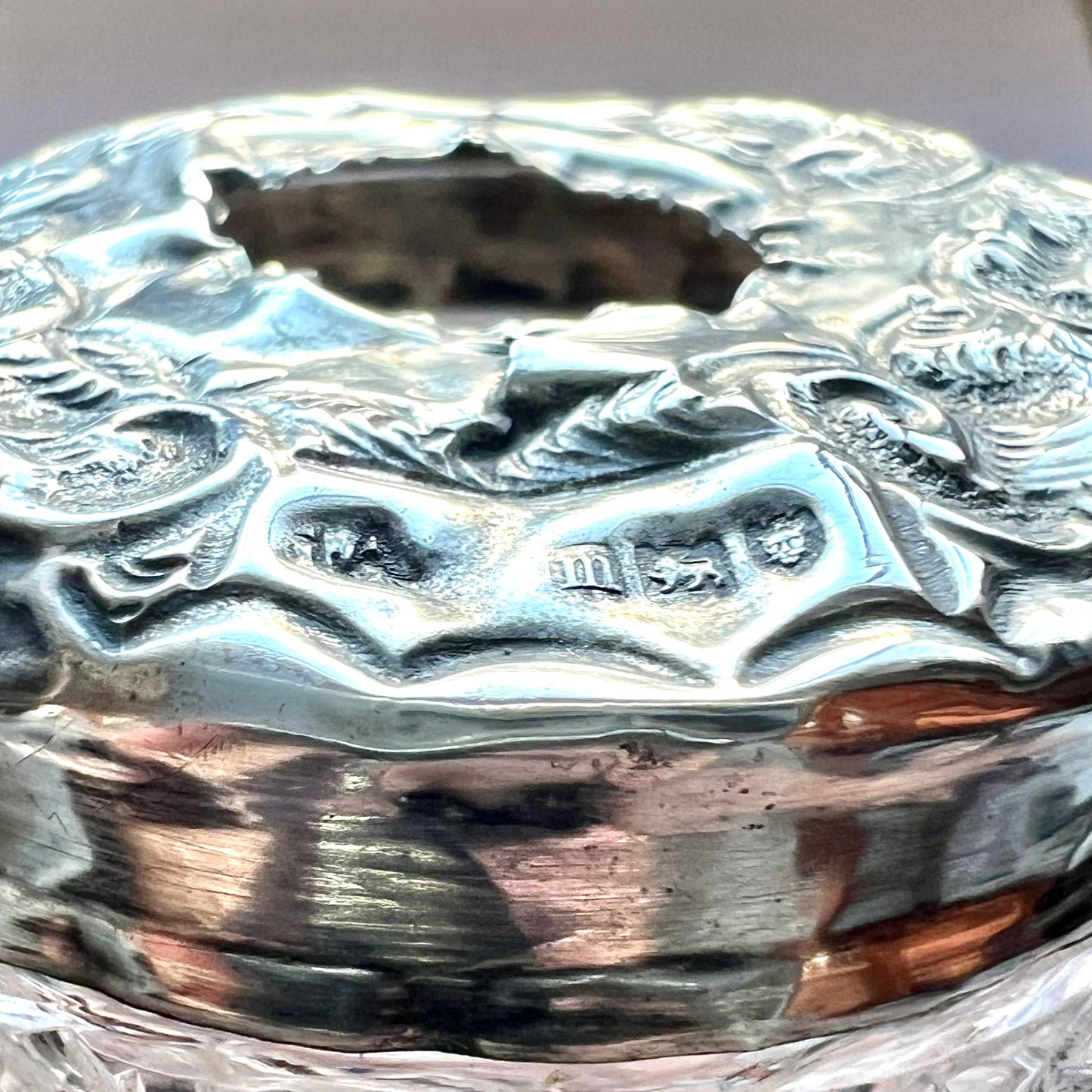 Antique sterling silver and crystal hair tidy, keeper or receiver circa London, 1907