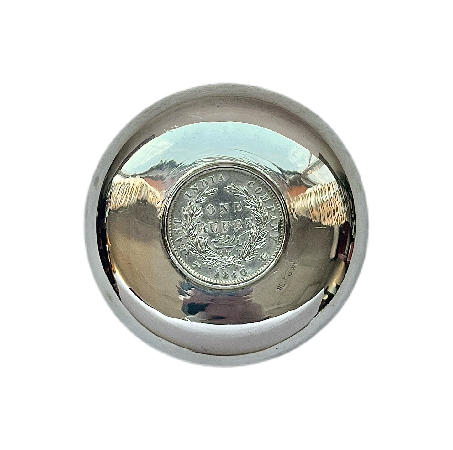 Antique small sterling silver East India Company dish with an 1840 rupee coin
