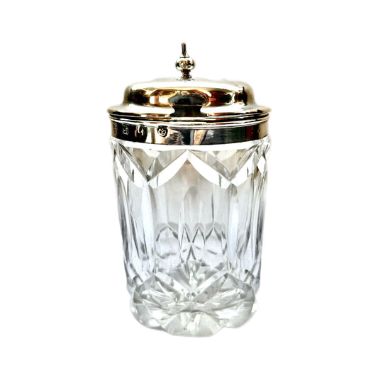 Escaso tarro para condimentos o mostaza de plata esterlina y cristal tallado de la época victoriana. Sheffield, Edward & William Smith, circa 1850.