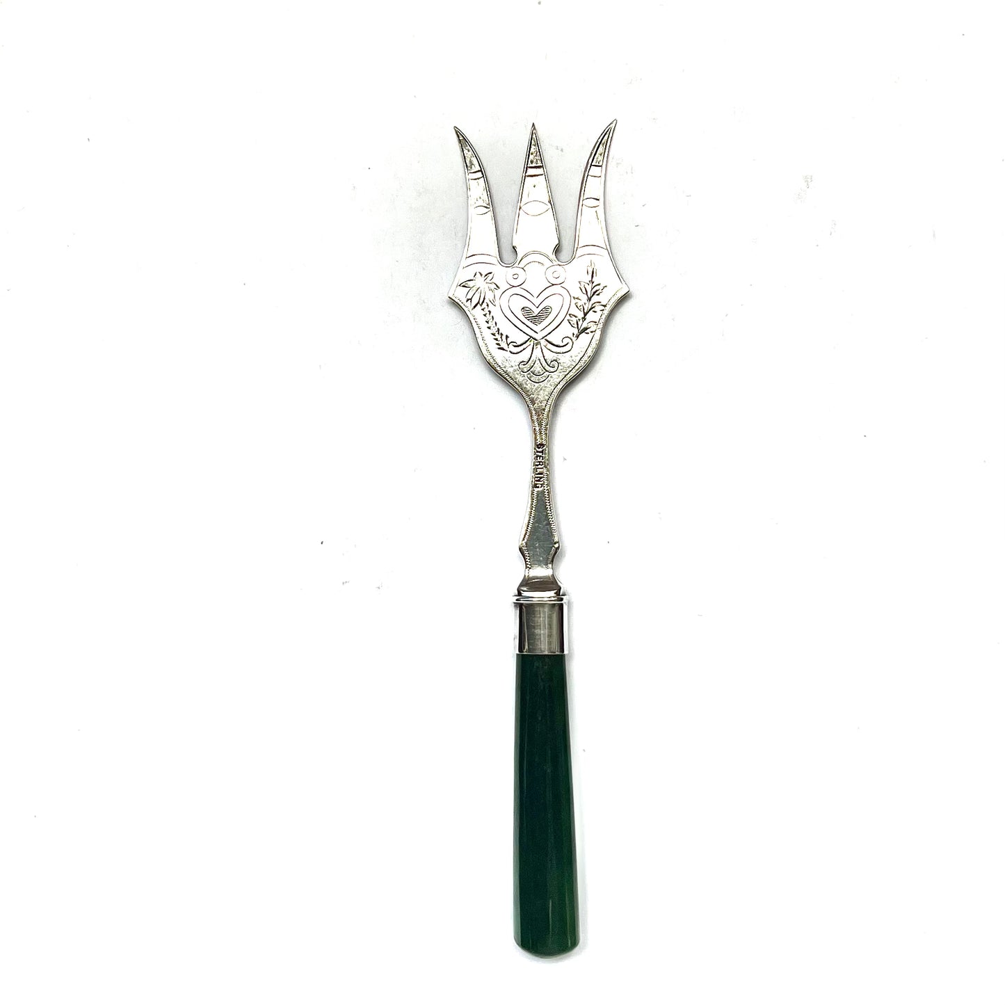 Antique New Zealand sterling silver cocktail fork with nephrite jade handle, early 20th century
