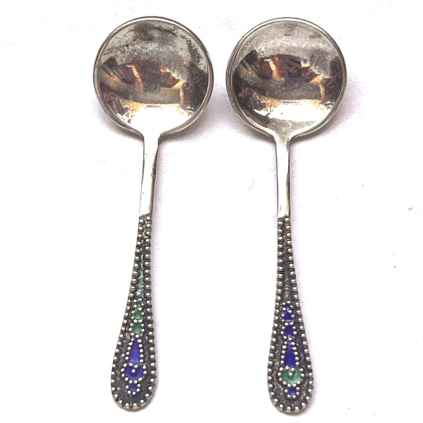 Set of 2 vintage Russian .875 silver and enamel salt / condiment spoons,