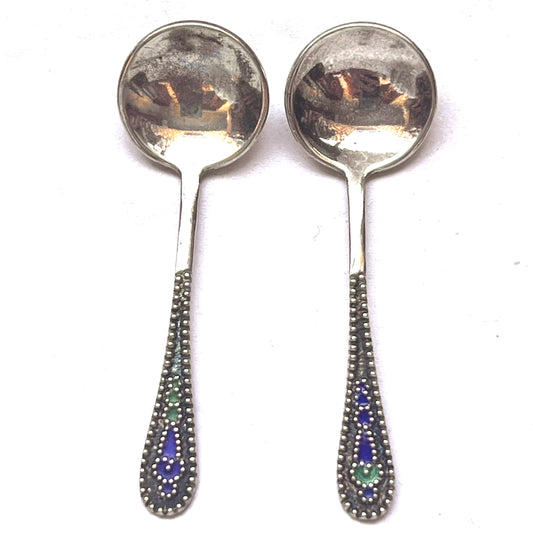 Set of 2 vintage Russian .875 silver and enamel salt / condiment spoons,
