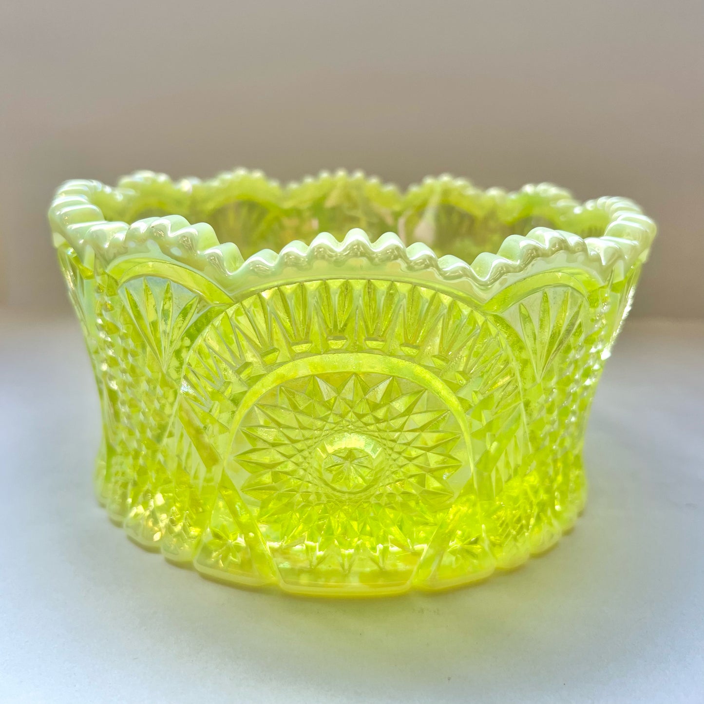 Vintage uranium glass bowl in Diamond Classic pattern by Mosser Glass