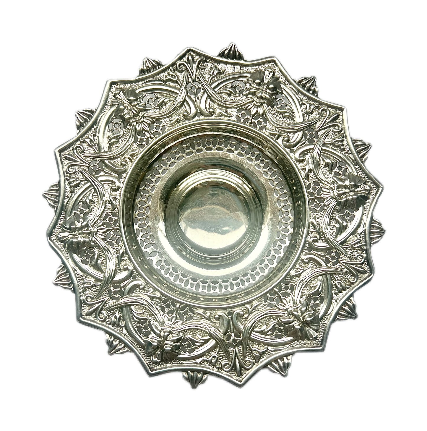 Late Victorian pierced sterling silver Green Man dish
