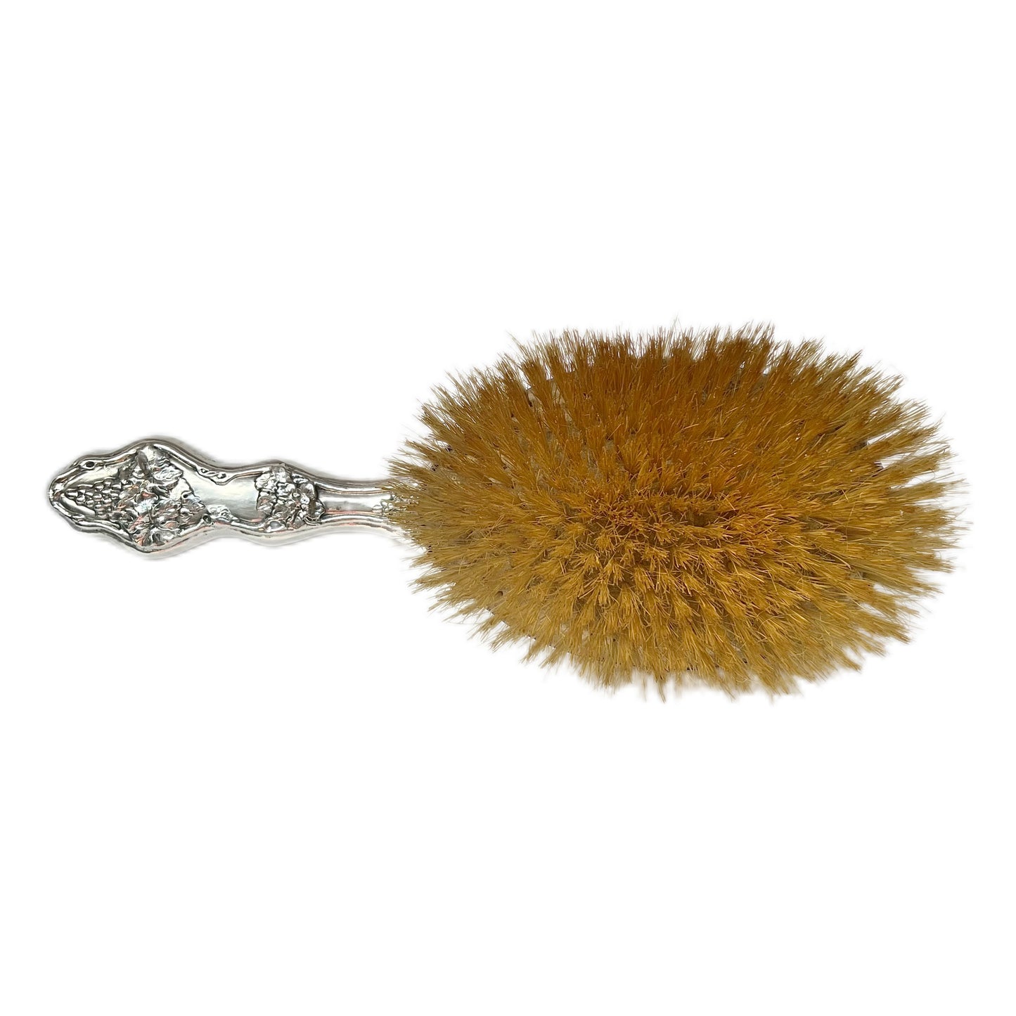 Beautiful antique English sterling silver hair brush with motifs of putti and grapes, William Aitken