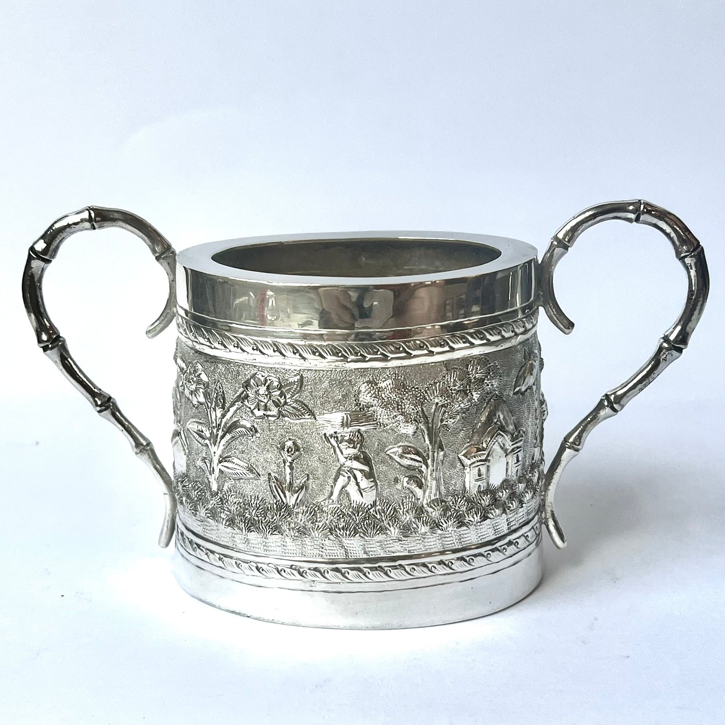 Late Victorian to Edwardian period Anglo-Indian Calcutta silver tea set comprising teapot, sugar bowl and creamer jug
