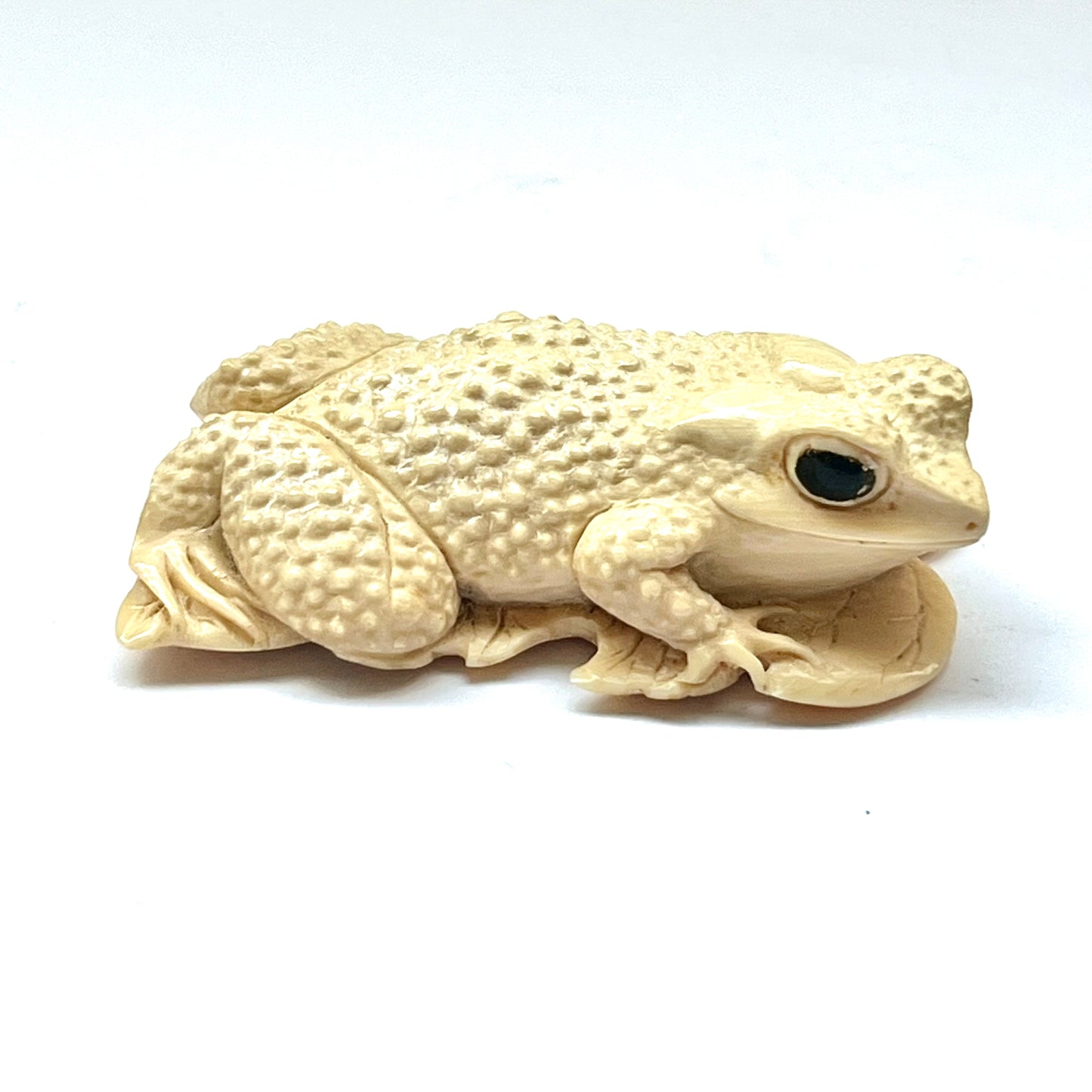 Antique Japanese ivory okimono depicting a toad upon a leaf circa mid-Meiji Period