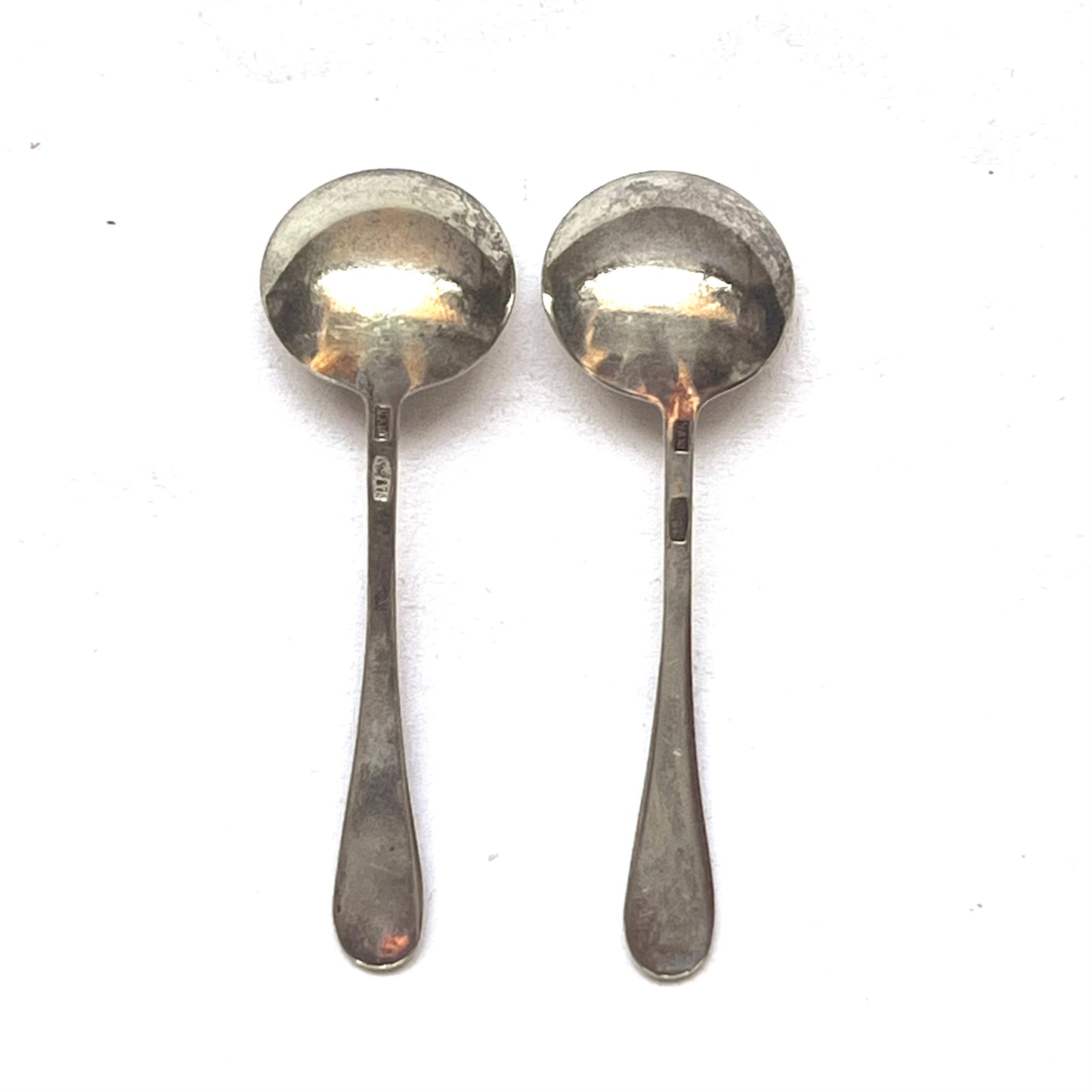 Set of 2 vintage Russian .875 silver and enamel salt / condiment spoons,