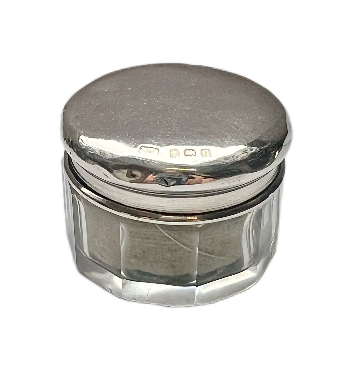 Antique English sterling silver and glass toiletry jar, William Devenport, 1913, Birmingham