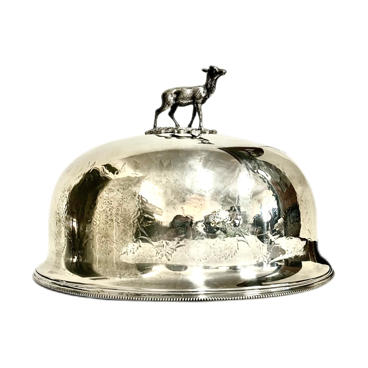 Antique High Victorian Sheffield Plate dinner cloche with deer finial