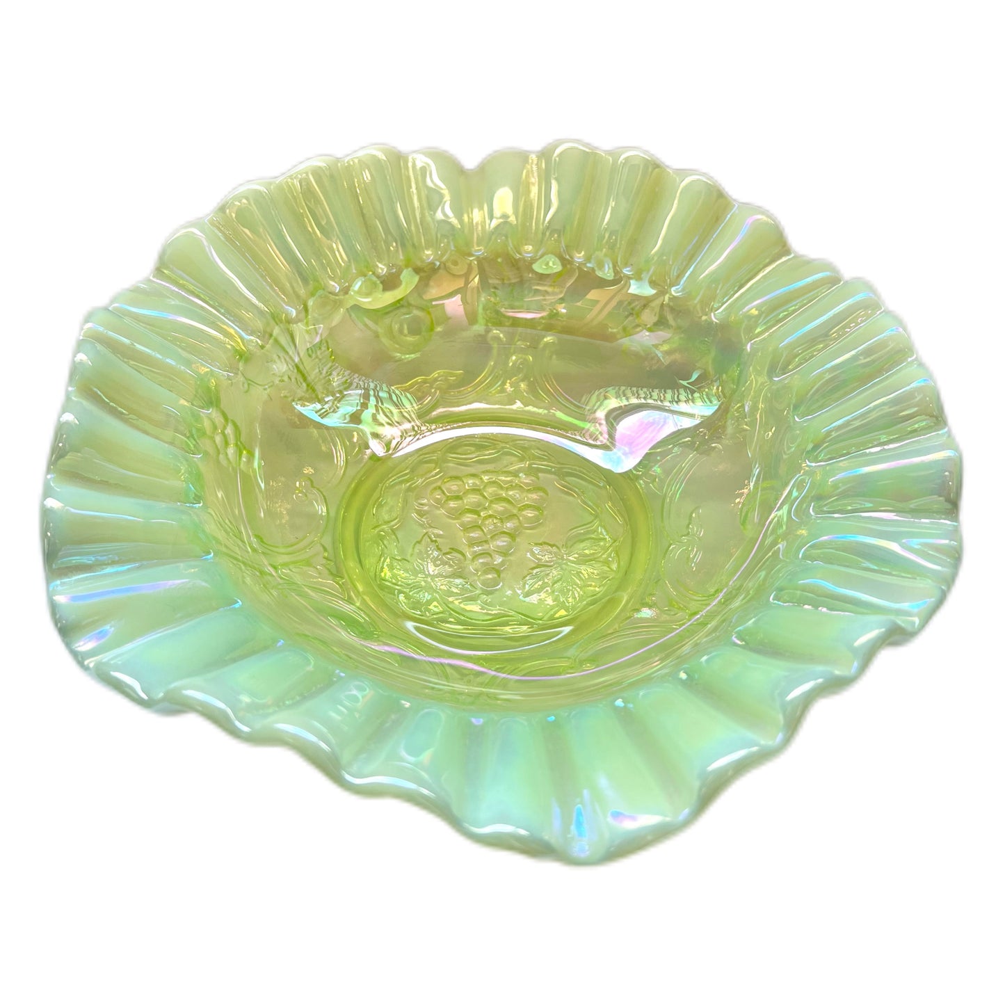 Vintage uranium glass bowl with ruffled lustre edges by Mosser Glass