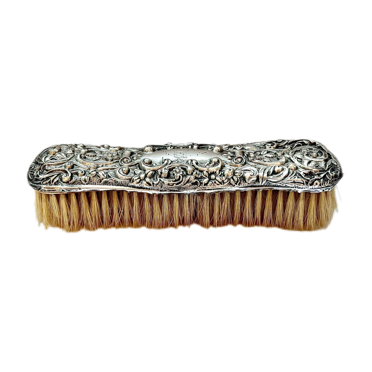 Antique Edwardian clothes brush with repousse sterling silver mount