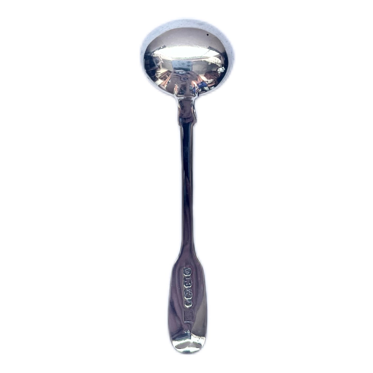 Cuchara para mostaza de plata provincial con cresta victoriana alta, Exeter, 1852, Josiah Williams & Co