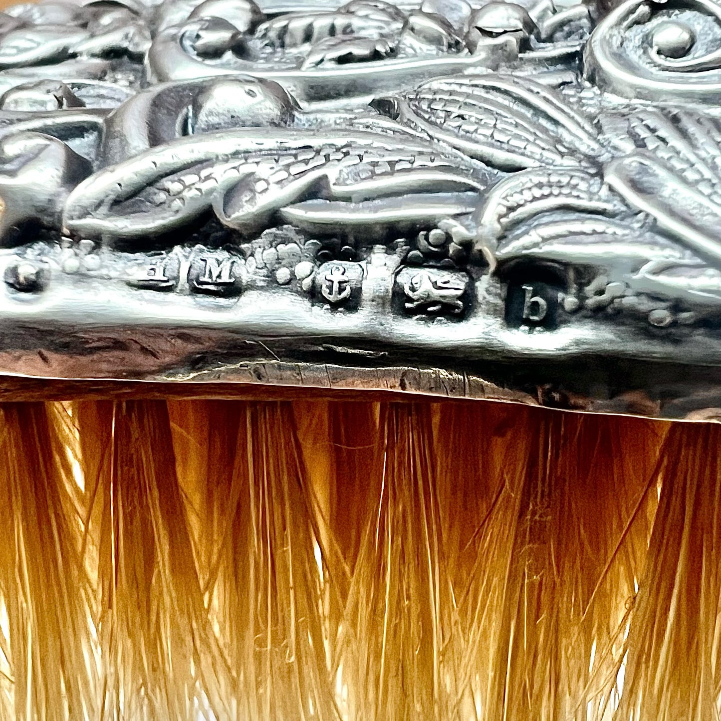 Antique Edwardian clothes brush with repousse sterling silver mount