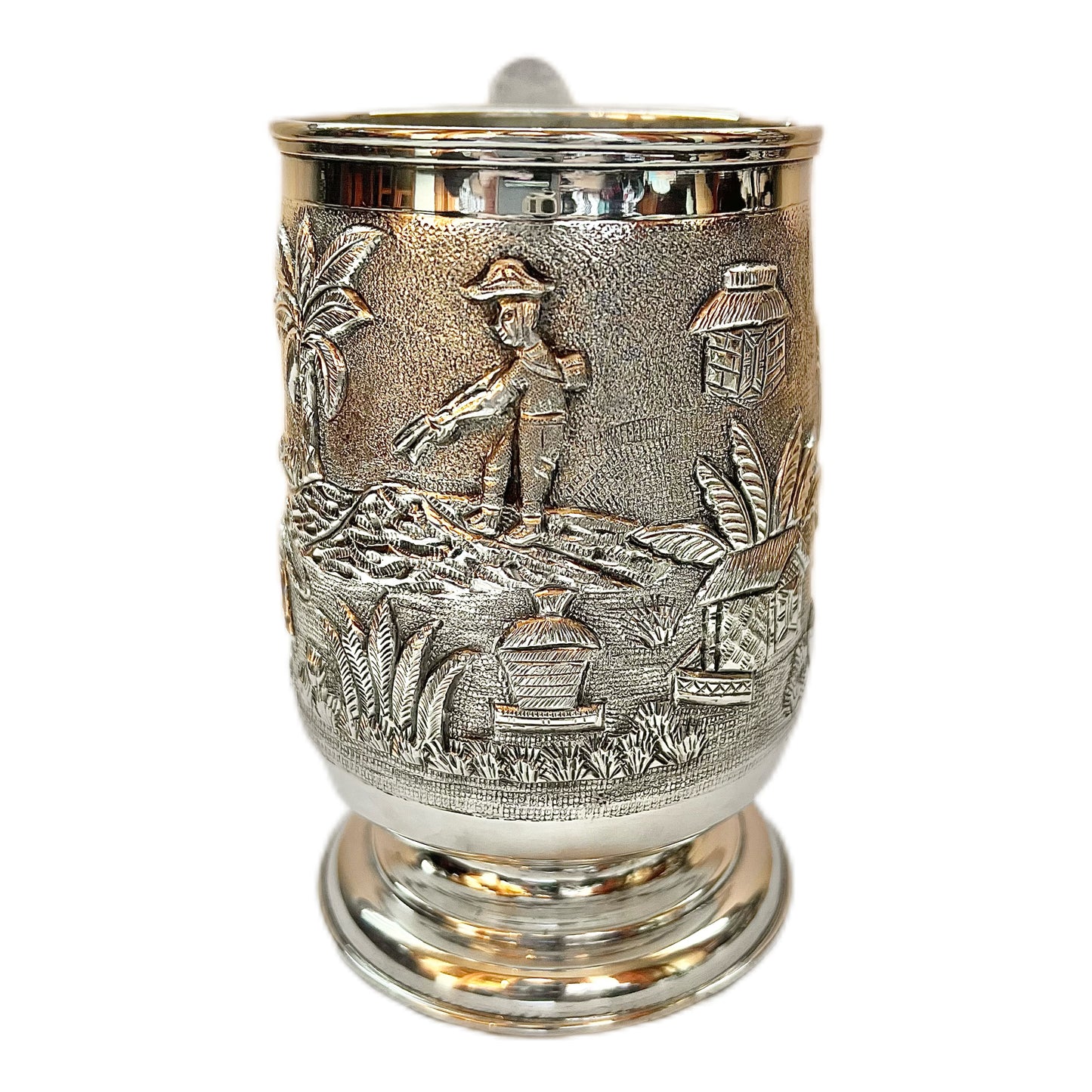 6 substantial 1920s to 1930s British Raj Anglo-Indian sterling silver tankards
